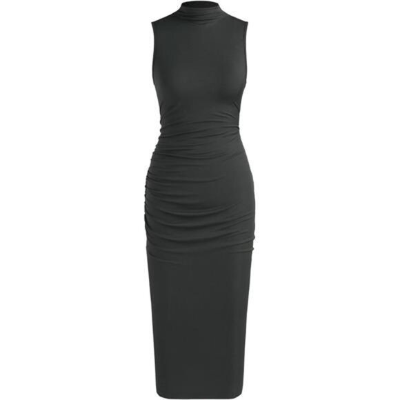 Women High Neck Sleeveless Bodycon Ruched Dress Black - Picture 2 of 6